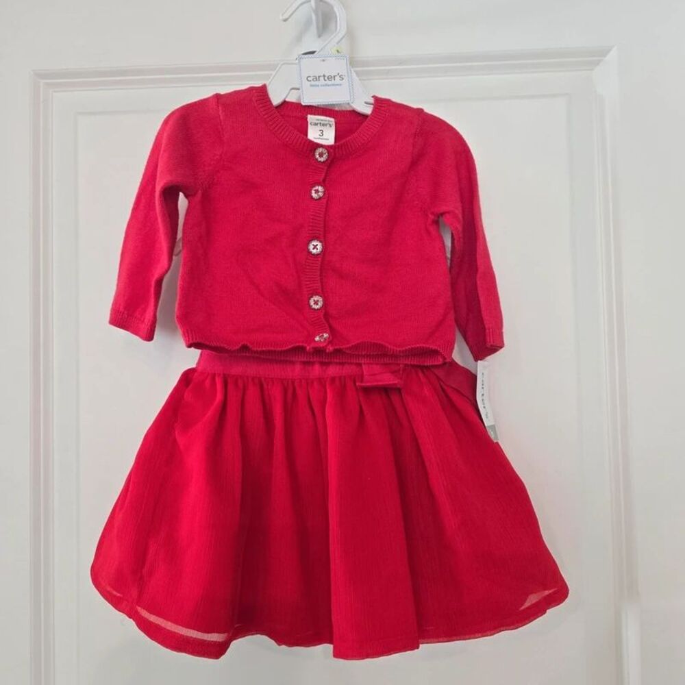 Carter’s Baby Girl Red Christmas Dress Cardigan Set 3 Months With Diaper Cover